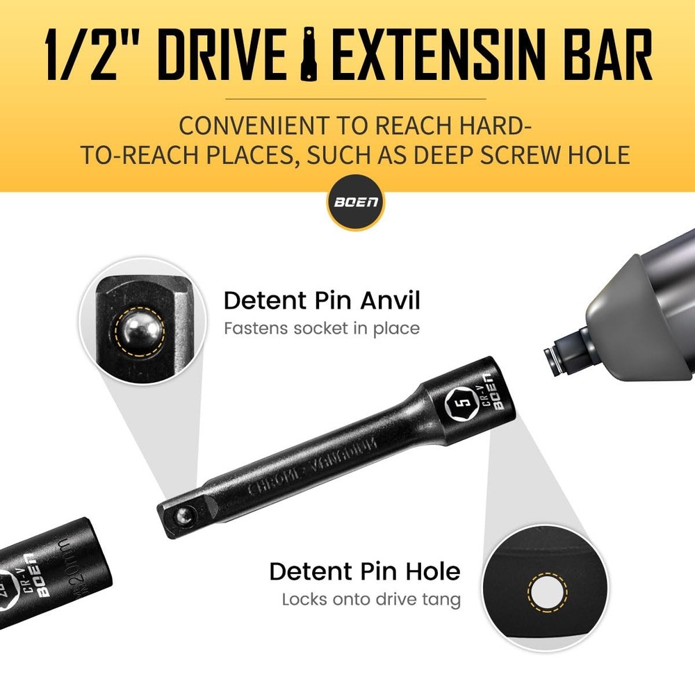 BOEN 1/2" Drive Impact Socket Set, 33 Piece Deep & Shallow Metric Socket Set