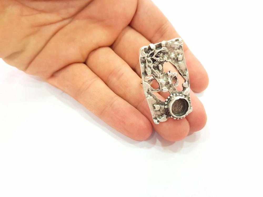 Ring Blank Base Bezel Settings Cabochon Adjustable Antique Silver Plated Brass