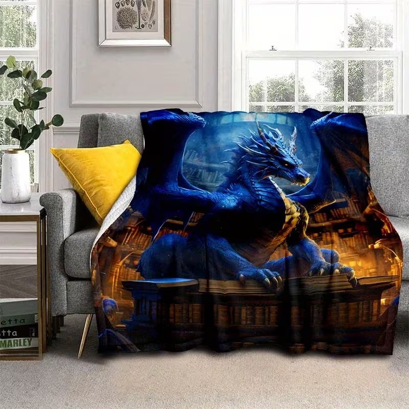 1pc Blue Vintage Library Dragon Throw Blanket