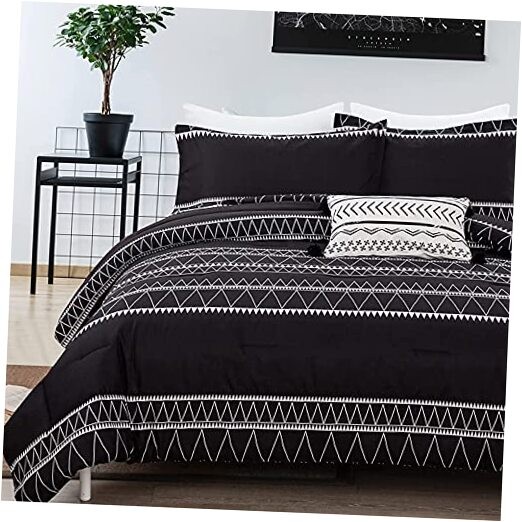 Comforter Set Reversible Boho Triangle Striped Down Alternative Queen Black