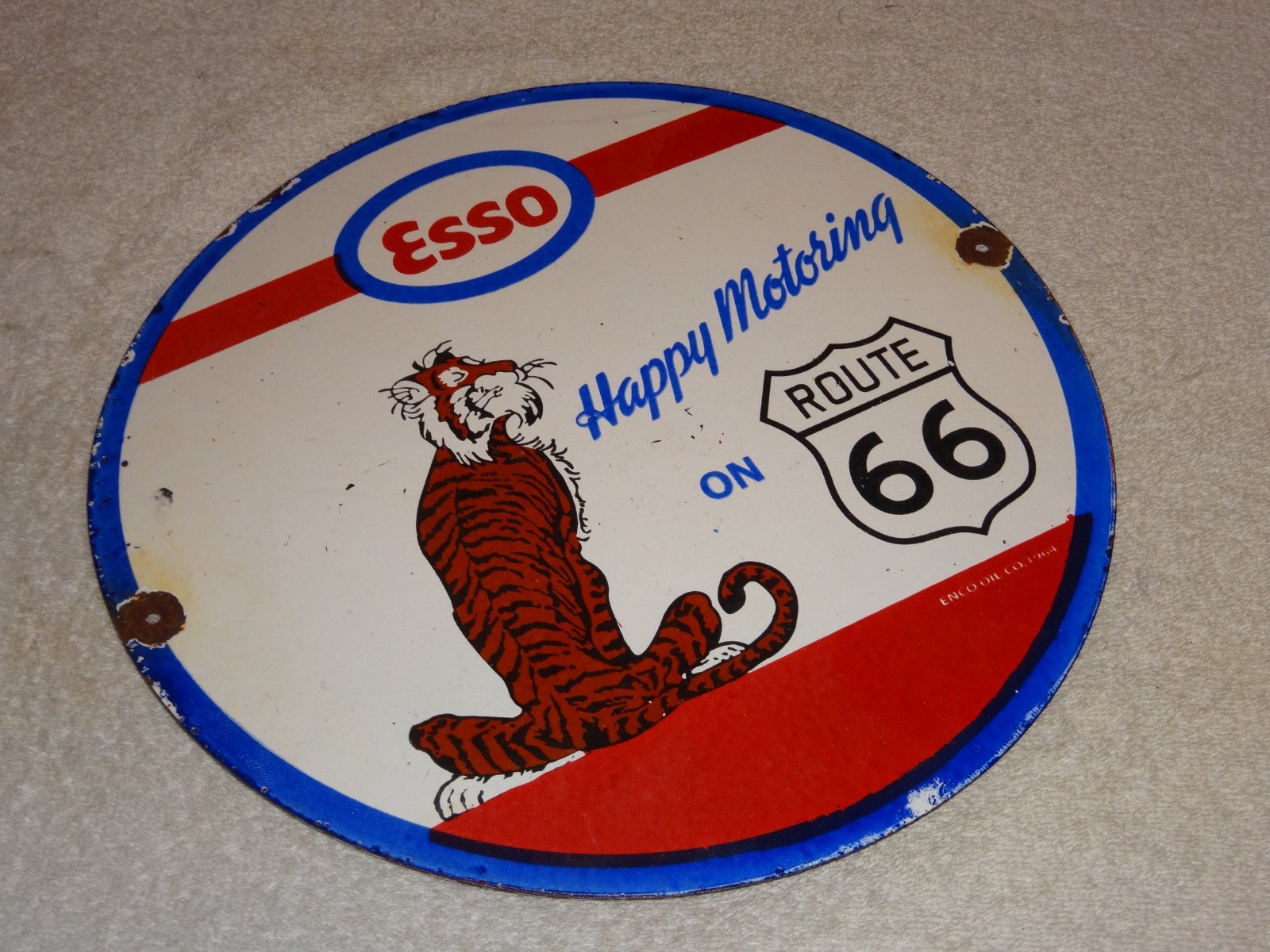 VINTAGE 1964 ESSO PUT A TIGER IN GAS TANK +ROUTE 66 11 3/4" PORCELAIN METAL SIGN