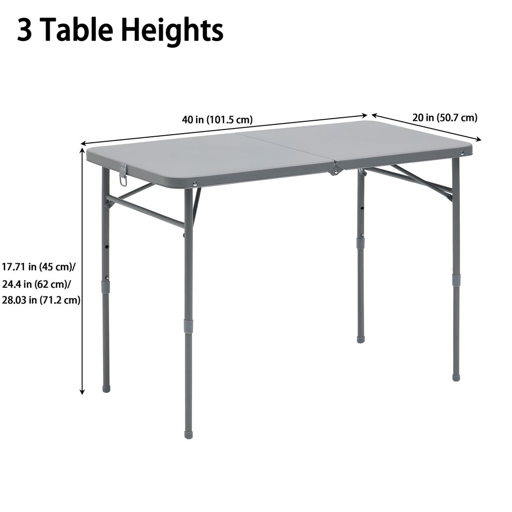 40"L x 20"W Plastic Adjustable Height Fold-in-Half Folding Table, Gray