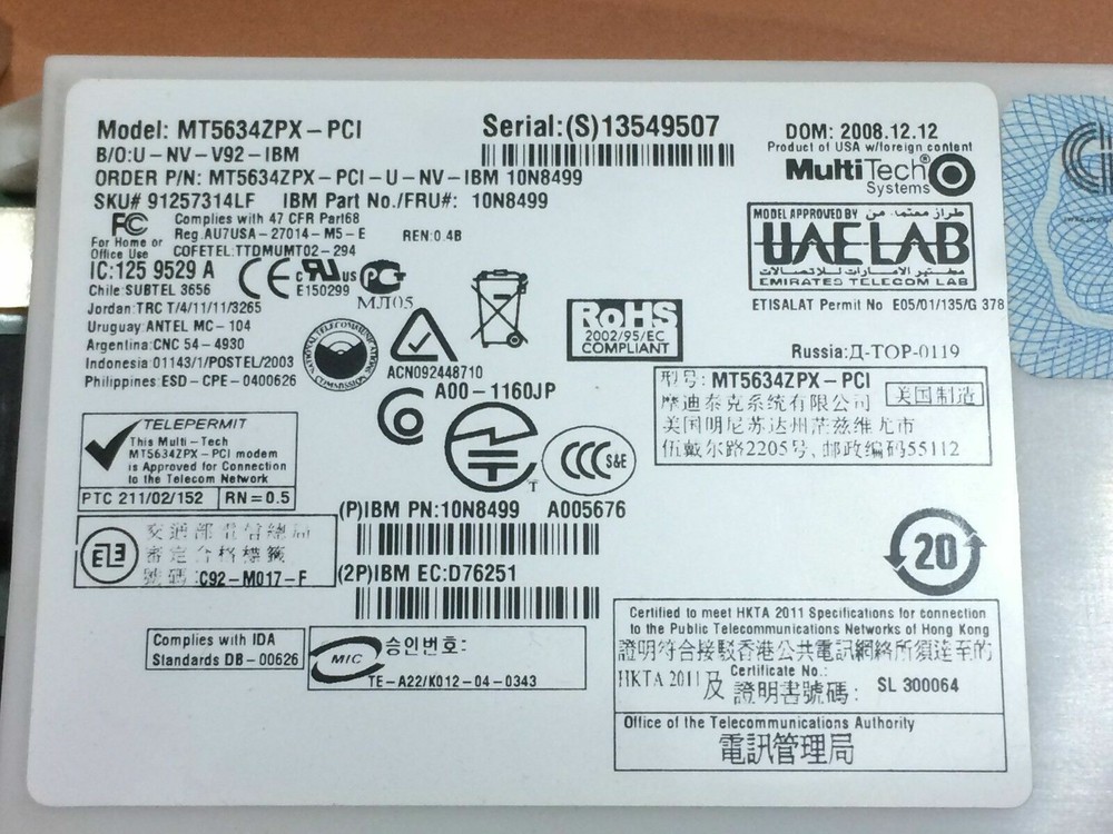 MULTI-TECH MT5634ZPX-PCI V92 56KBPS INTERNAL MODEM
