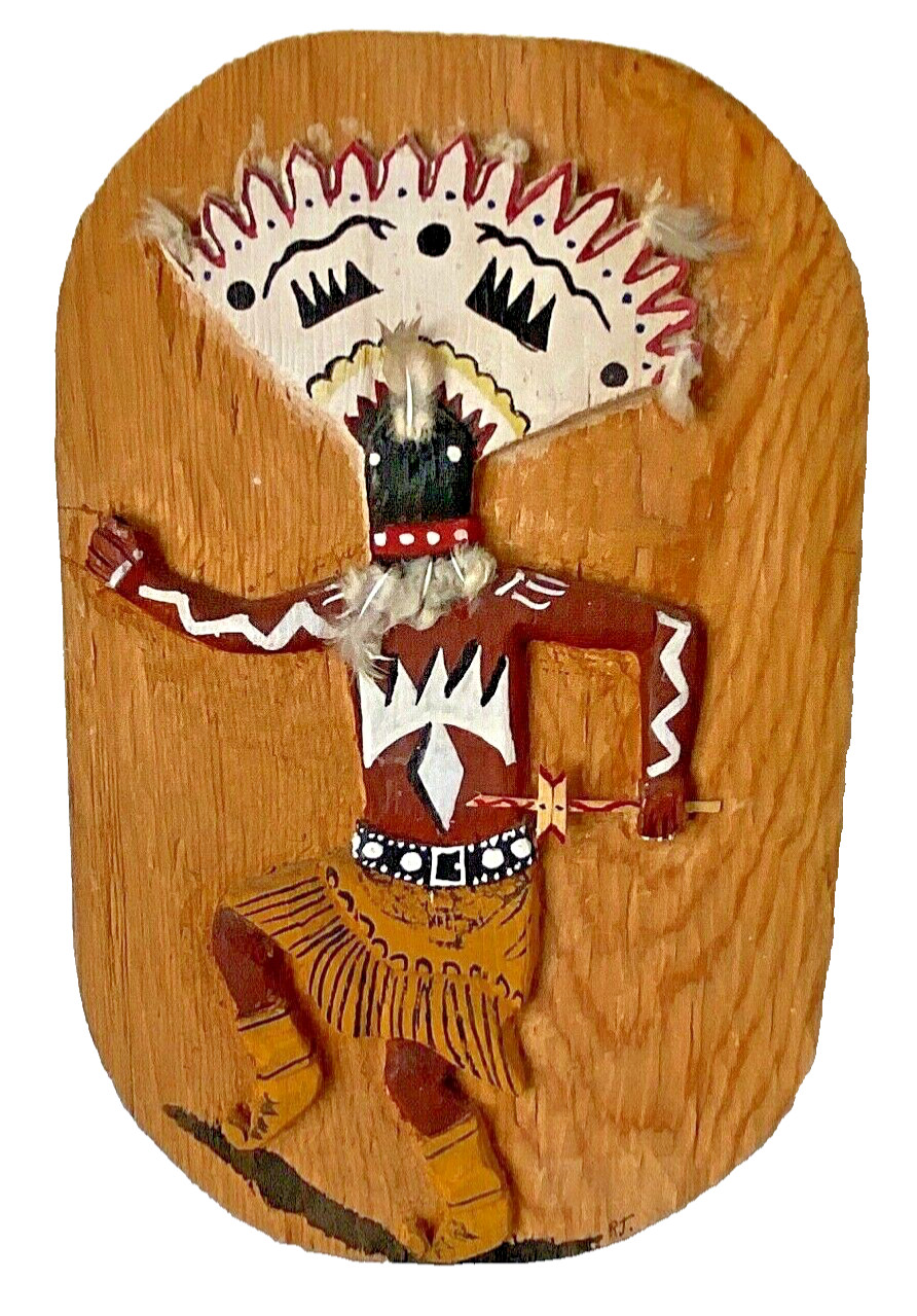 Apache Crown Dancer Art Carved Relief Wood  Native American Plaque Signed