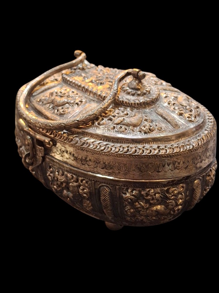 Antique Burmese Silver Tone "Thabeik" Locking Casket Hinged Container Marked...