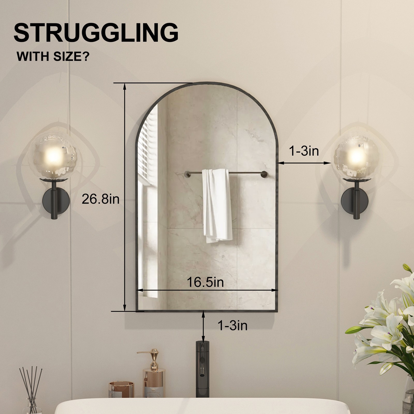 Black Arched Bathroom Medicine Cabinet With Mirror & Shelves,Right Open,Recessed