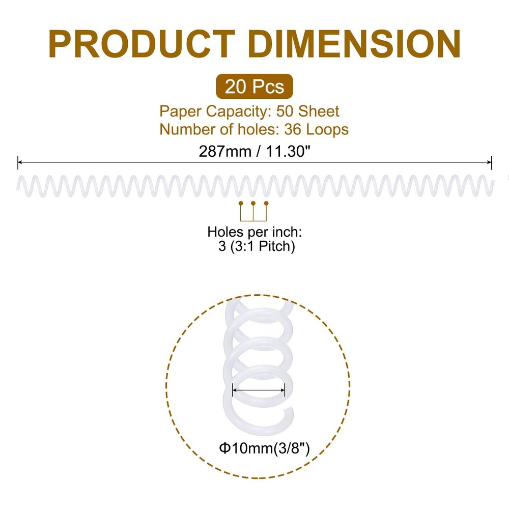 20 Pack Plastic Spiral Binding Coils 10mm3/8" Binding Coils 50 Sheet Capacity...