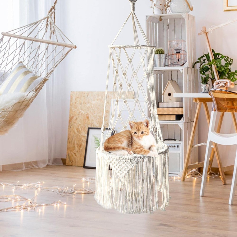 Hanging Macrame Cat Hammock Bed, Hanging Cat Bed with Cushion