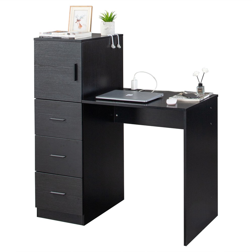 Black embossed melamine particleboard computer desk with 2 power sockets