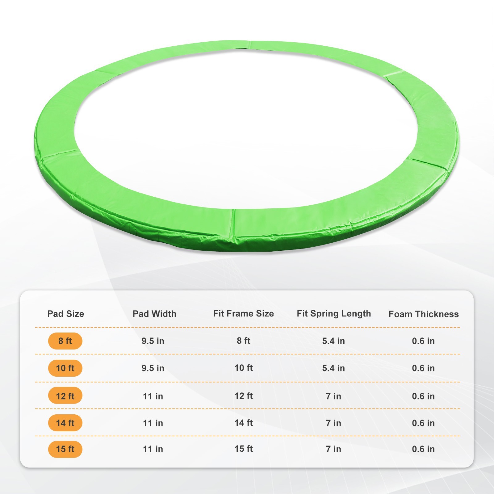 10/ 12/14/15FT Trampoline Safety Pad Replacement Universal Waterproof - Green