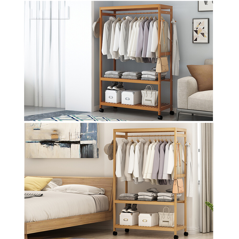 Bamboo Clothes Rail Rack Garment Storage Organizer Hanging Shelf On-Wheels DIY