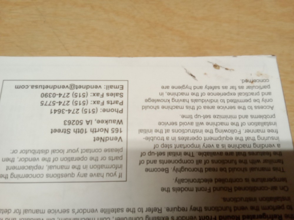 Vending Machine Service Manual Round Front Snack 4212301-E