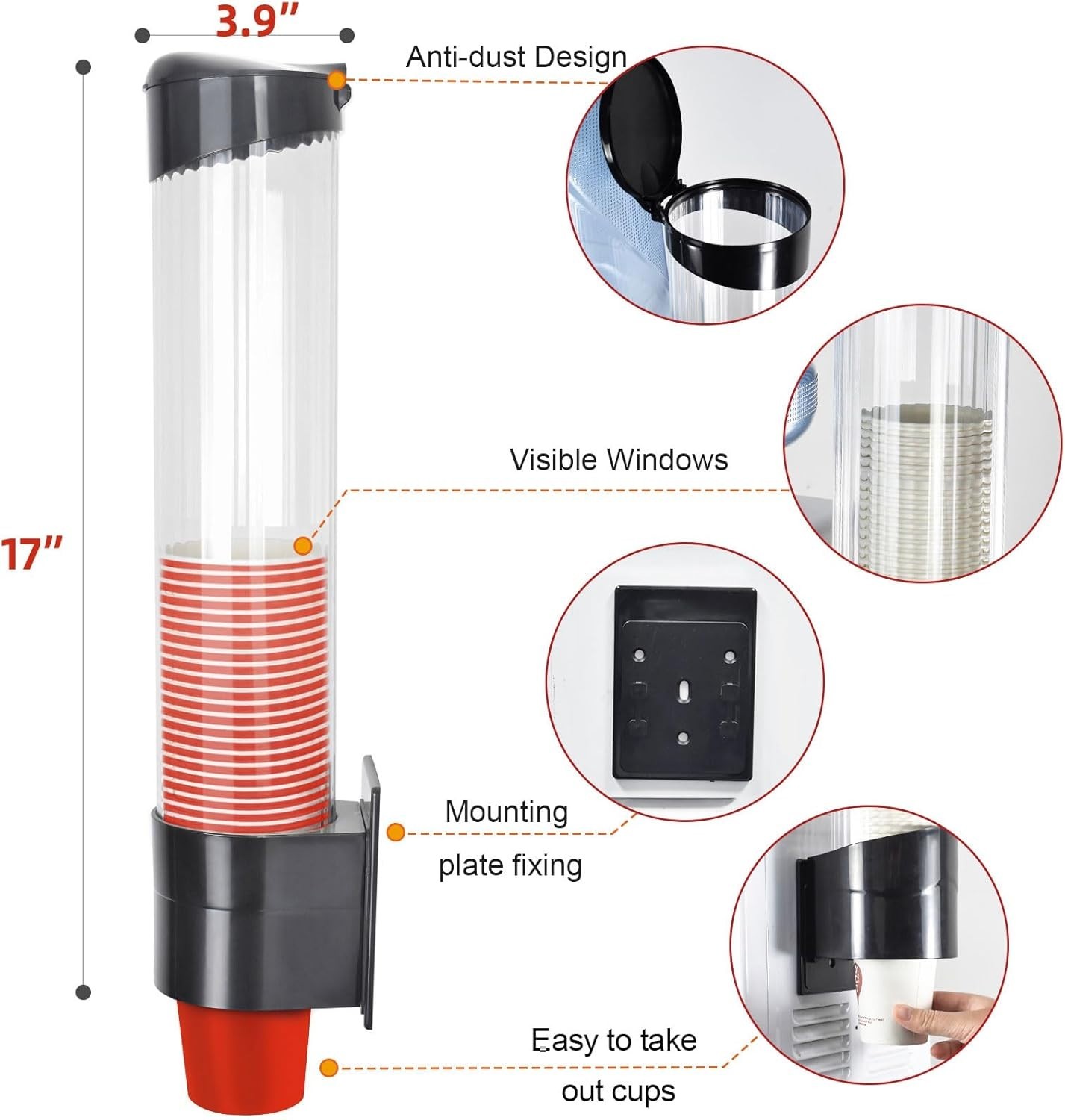 Pull Type Wall Mount Cup Dispenser Fits 7–12oz Cups Black Large