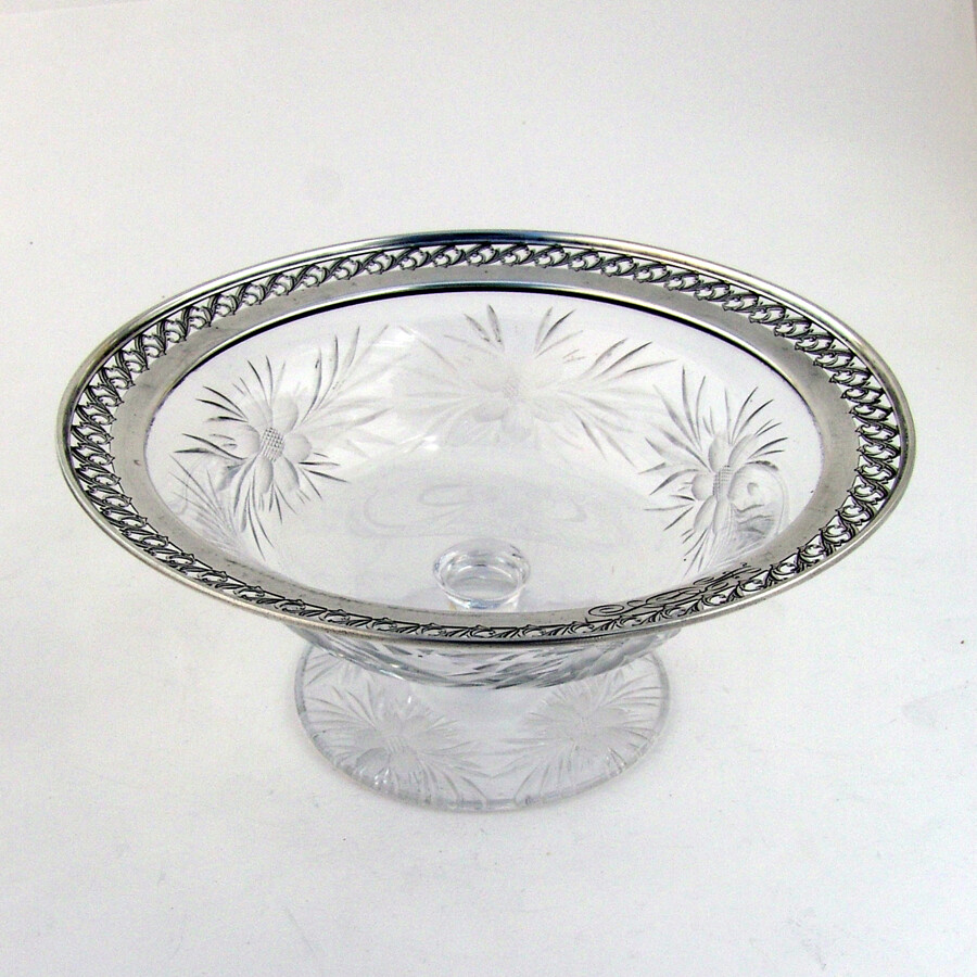 Cut Glass Footed Bowl Openwork Sterling Border 1940 Mono