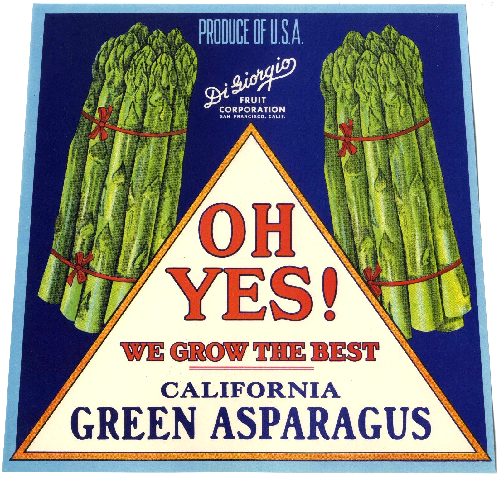 "OH YES!" VINTAGE 1950s SAN FRANCISCO CALIFORNIA ASPARAGUS VEGETABLE CRATE LABEL