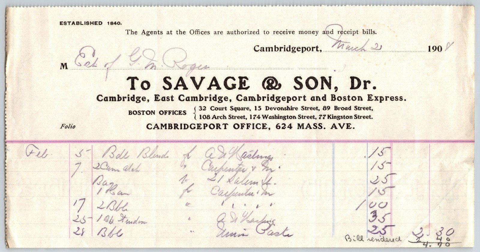 Savage & Son (Express) Cambridgeport MA 1908 Billhead Geo. M. Rogers* (#3)