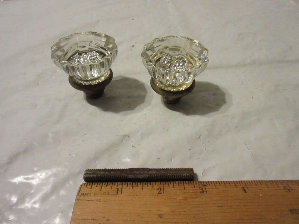 Vintage 12 Point Clear Glass Brass Doorknob Set