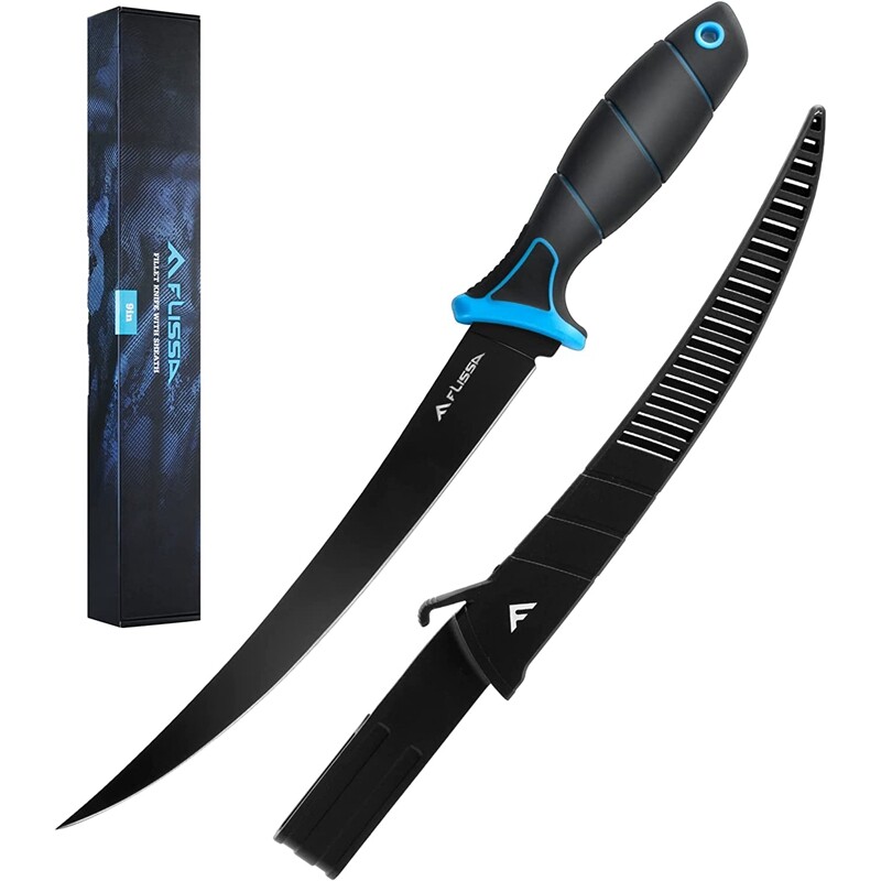 FLISSA 5''/6''/7''/9'' Fillet Knife Cutting Notch Non-Slip Handle w/Black Sheath