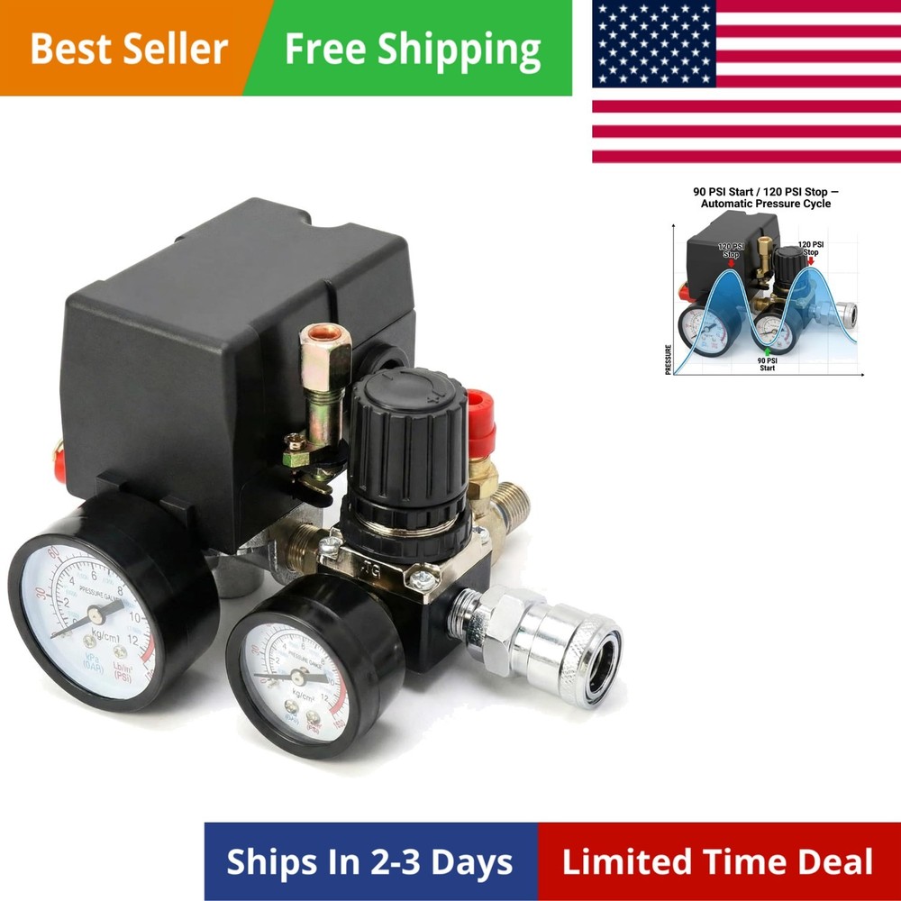 Air Compressor Pressure Switch for Pneumatic Tools, 90–120PSI Adjustable Cont...