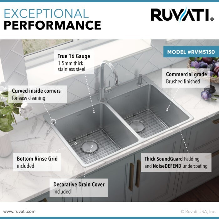 Ruvati 33 x 22 inch Topmount 16 G Double Bowl Kitchen Sink - RVM5150
