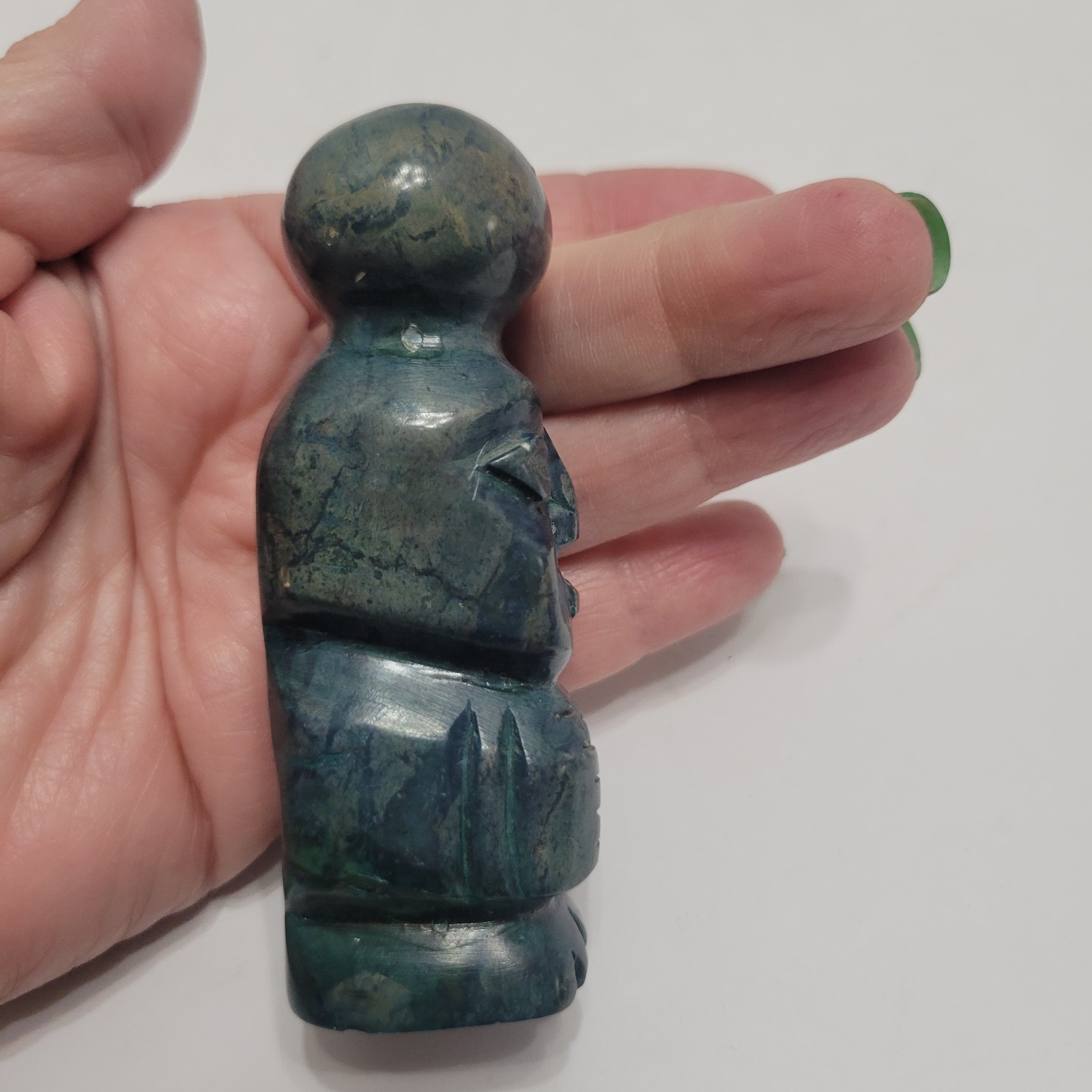 Vintage Aztec/Mayan Warrior Hand Carved Statue Jade/Green Marble/Onyx