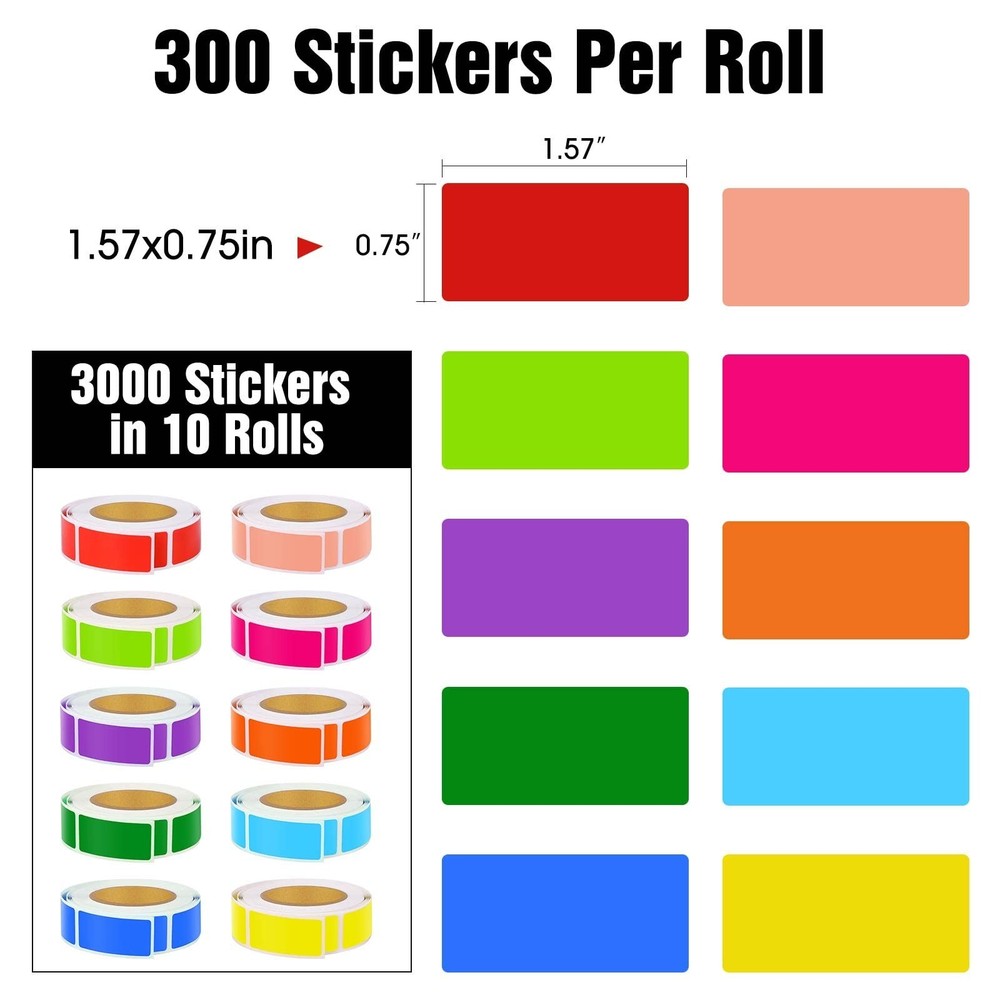 3000 PCS 10 Rolls Rectangular Color Coding Stickers 1.57 x 0.75 Inch Self-Adh...
