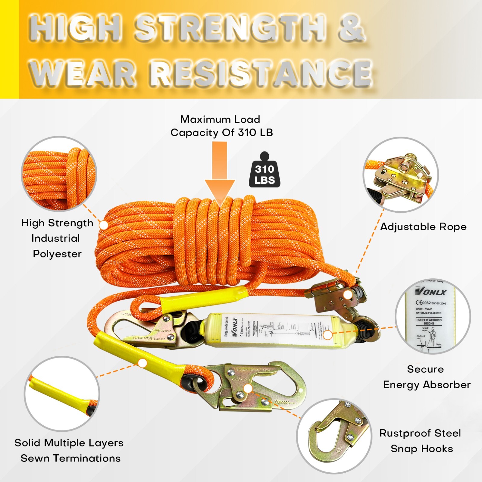 Vertical 50FT Safety Rope with Alloy Steel Grab Snap Hooks Shock Absorber