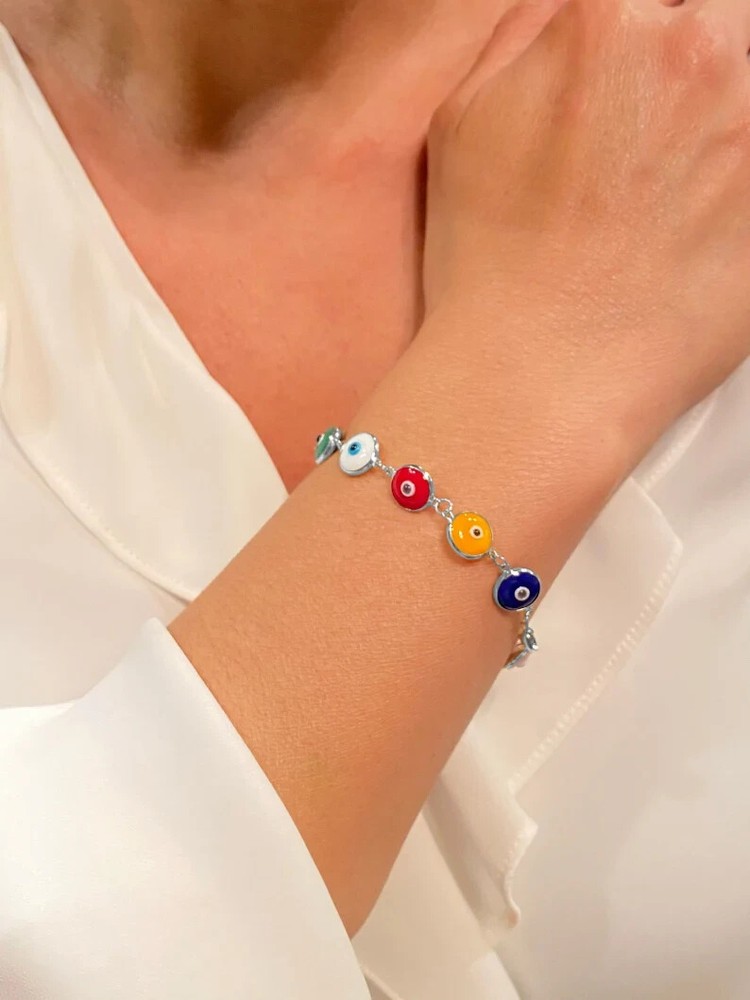Solid 925 Sterling Silver 10MM Multi-Color Crystal Evil Eye Bracelet - 7.5"