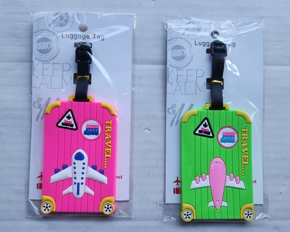 2 Pack Travel Luggage Tags - Includes ID Insert - Adjustable strap - Neon Pink