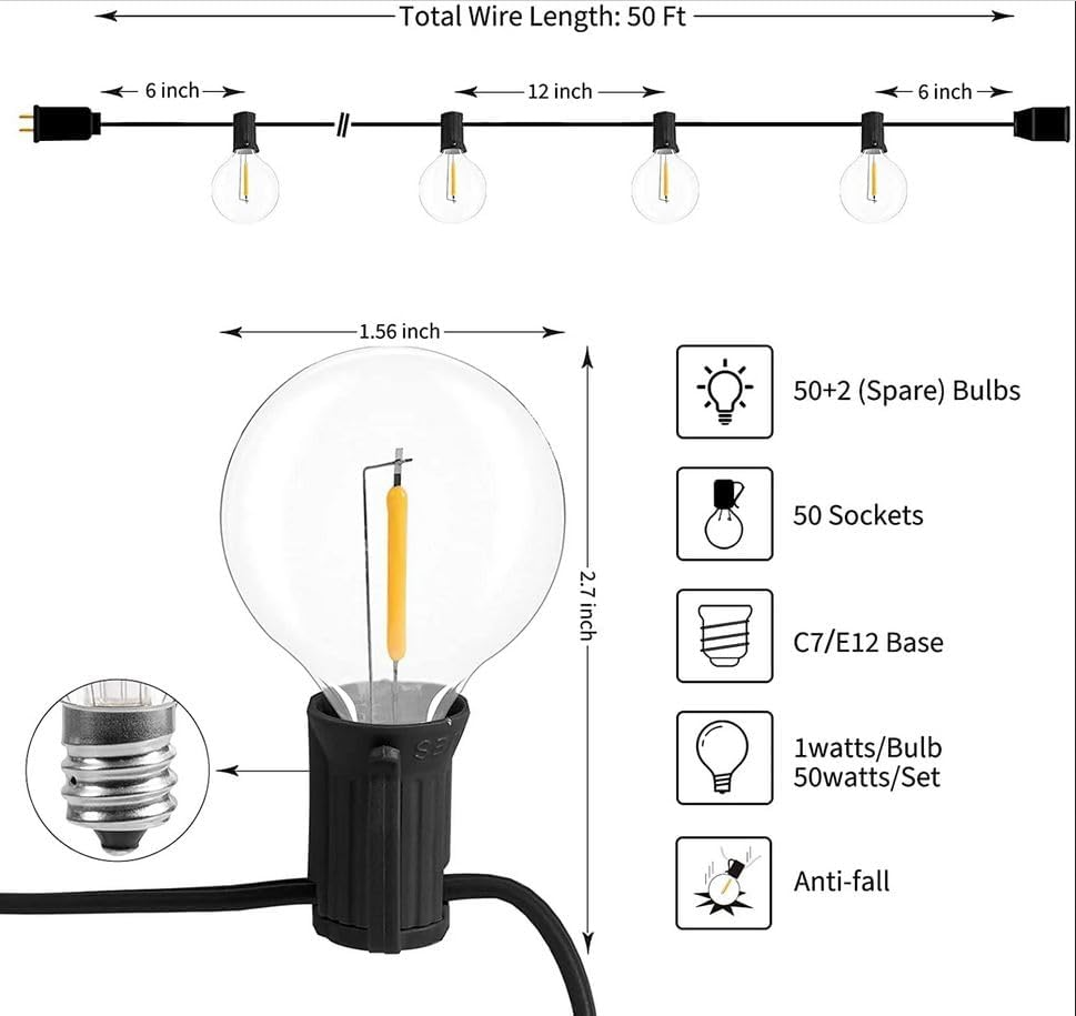 25FT Globe String Light with 27 Edison Bulbs (2Spare), Waterproof, Connectable