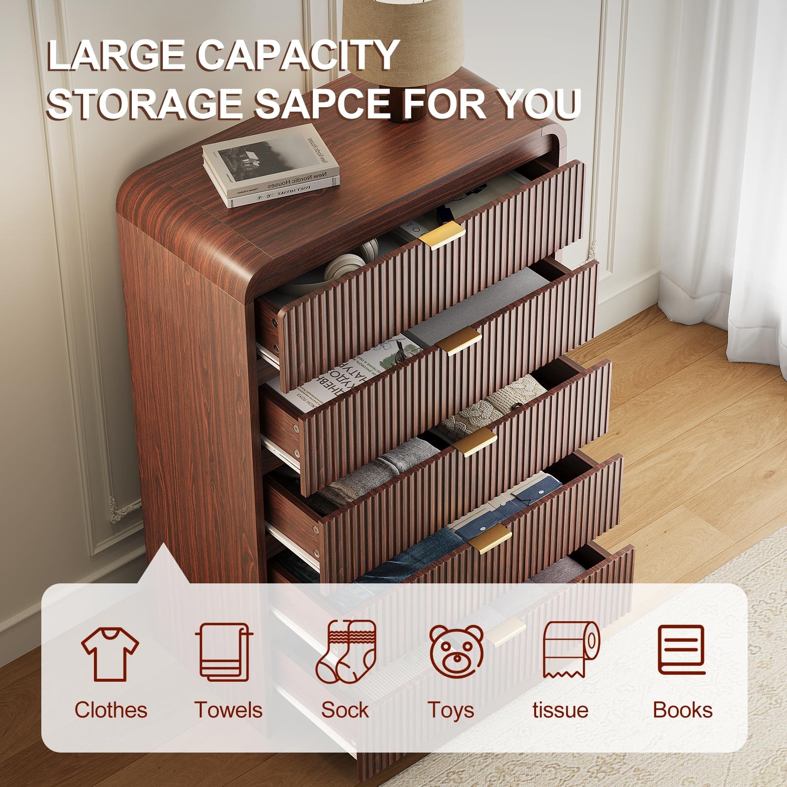 Fluted 5 Drawers Dresser for Bedroom, 48" Tall Wooden Modern Dresser,Dark Walnut