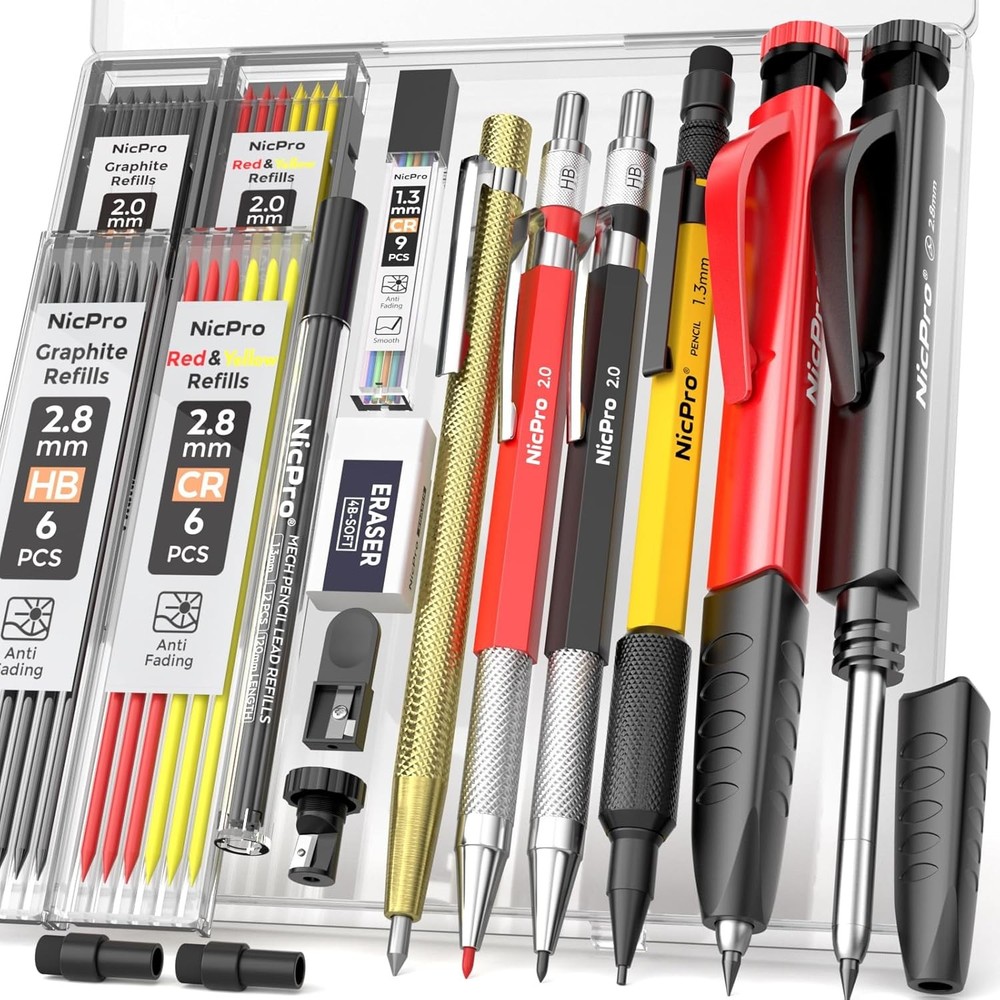 Nicpro 17Pack CP2000 Carpenter Pencil Set with Sharpener, Multicolor