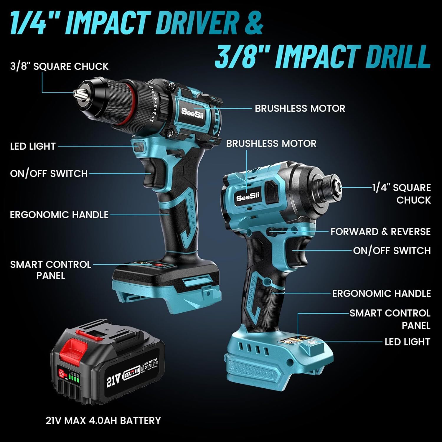 Seesii Brushless Cordless Drill & Impact Driver Power Tool Combo Kit 2xBattery