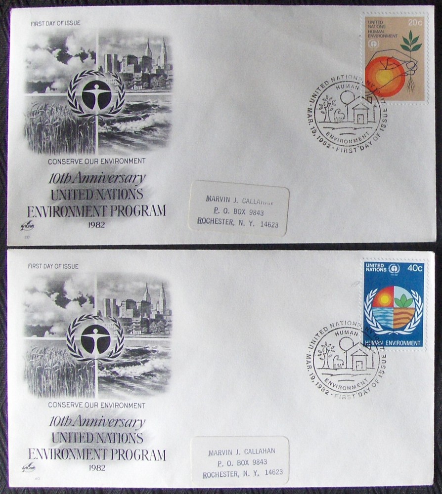 United Nations 2 different FDC 10th ANNIVERSARY of ENVIRONMENT PROGRAM, NY 1982.
