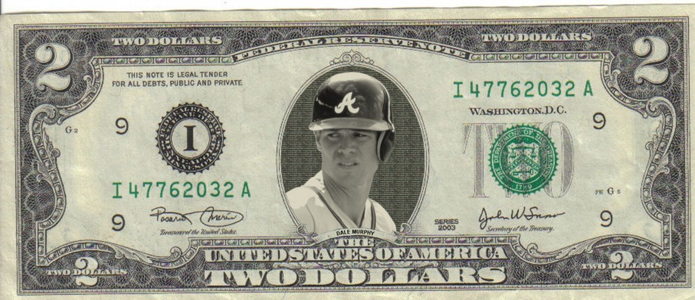 Braves Dale Murphy $2 Dollar bill Mint real