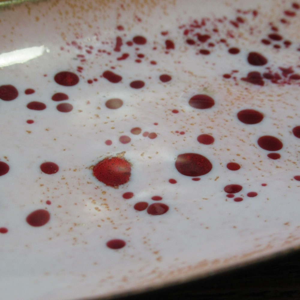 Handmade Enamel on Copper Rectangular Dish Pink With Red & Gold Speckles