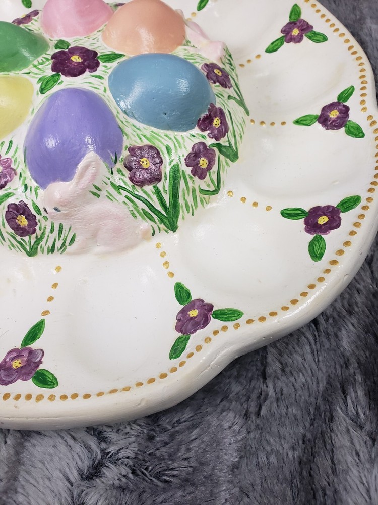 Vintage Deviled Egg Spring Easter Bunnies Flowers Plate Platter Ceramic