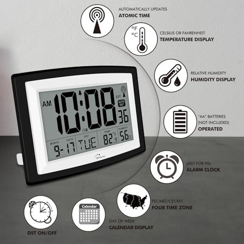 Atomic Clock with Indoor Temperature & Humidity - 12.5" Self-Setting Digital Wal