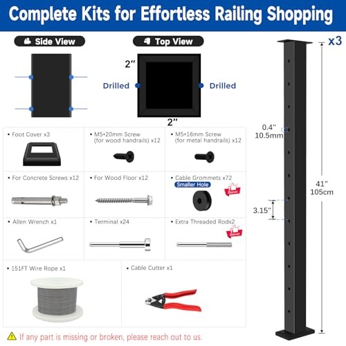One-Stop Cable Railing Post Kits, 3 Pack Fixed Top 42" 1 3x Level Post Kits