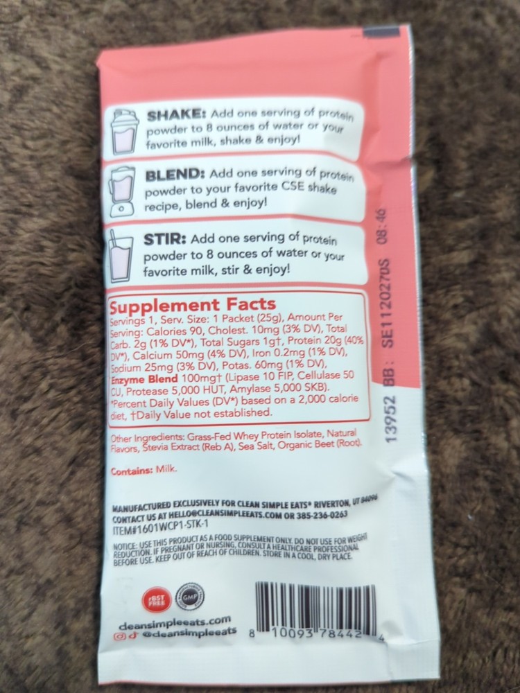 6 Servings Clean Simple Eats White Chocolate Peppermint .88 Oz 20 g Protein each