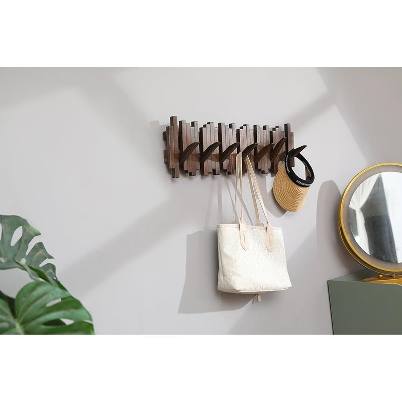 Handmade Solid Wood Coat Rack Unique Design Wall Mount W/ Magnetic Hooks New