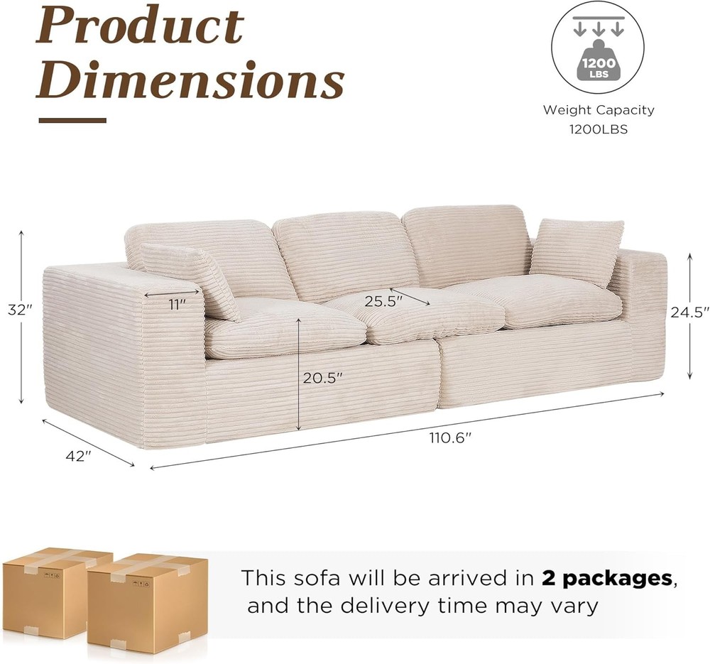 3 Seater 110" Oversized Sofa, Cloud Boneless Couch with Fluffy Seat Cushions