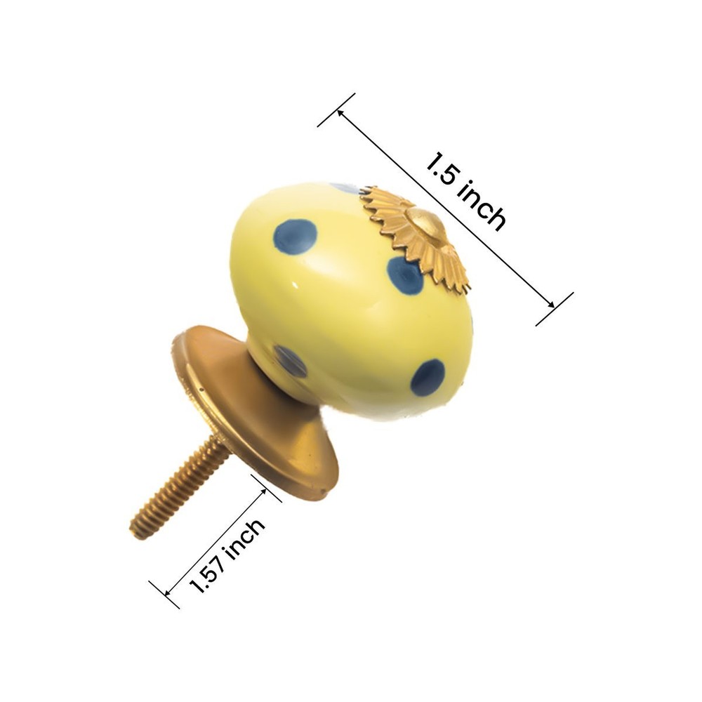 Yellow & Blue Polka Dot Ceramic Knobs (6 Pack) - Antique Brass Accent, 1.5 Inch