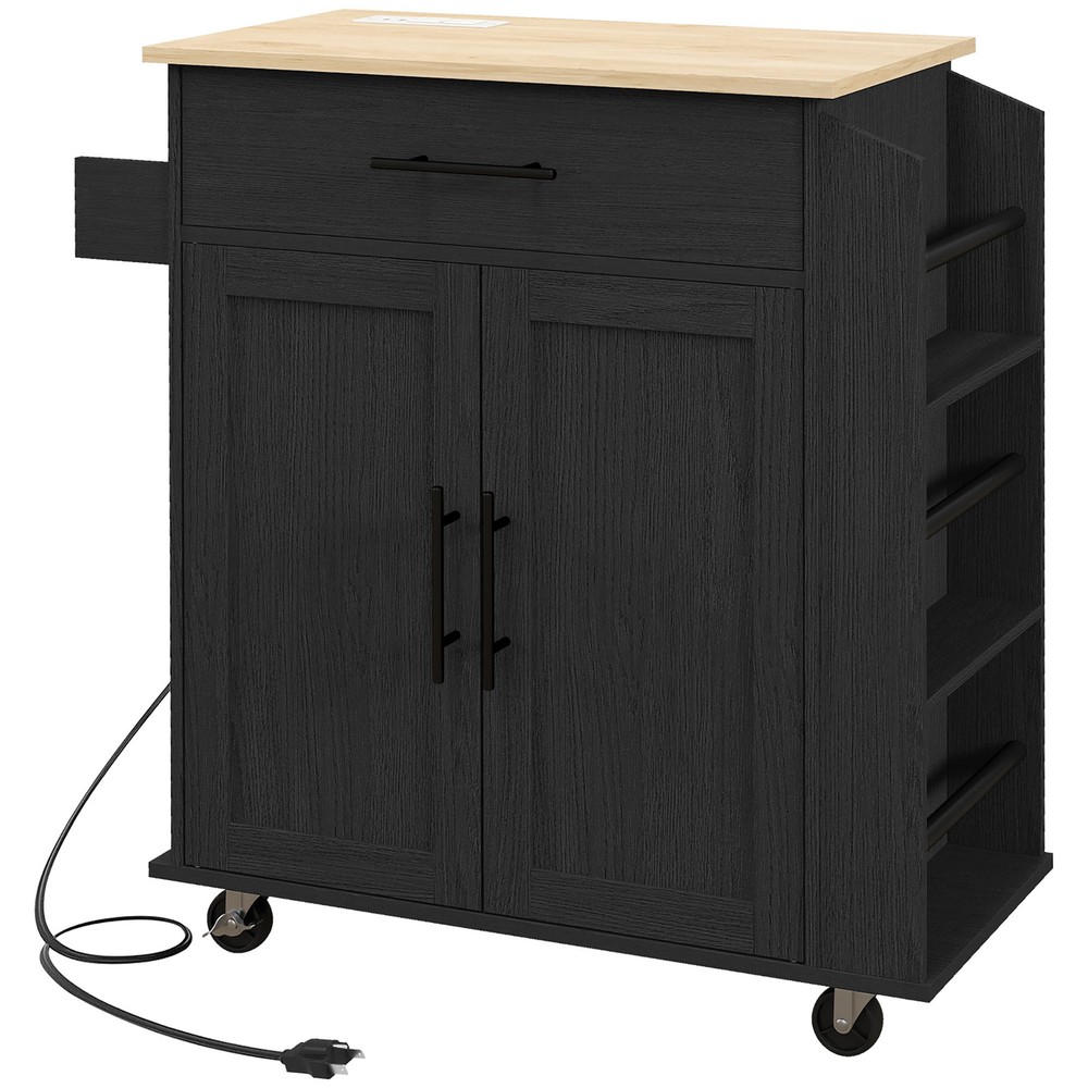 Kitchen Island with Storage and Power Outlets, Rolling, Black