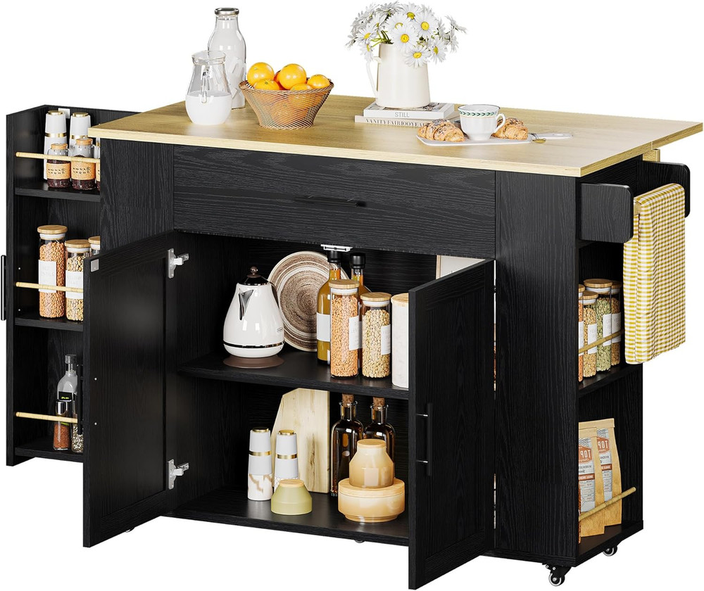 Rolling Kitchen Island Cart with Drop Leaf, Storage Drawer & Towel Rack