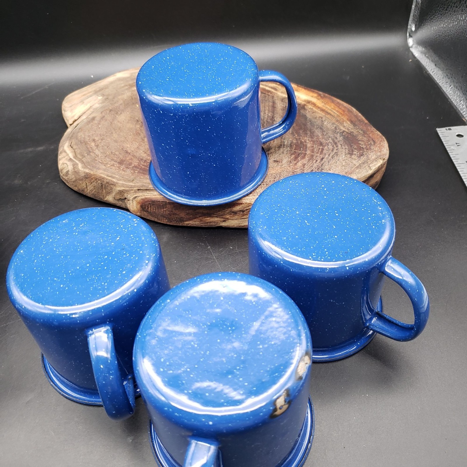 VTG Blue Speckled Enamelware Camp Mug Plate & Bowl Set 12pc Camping Graniteware