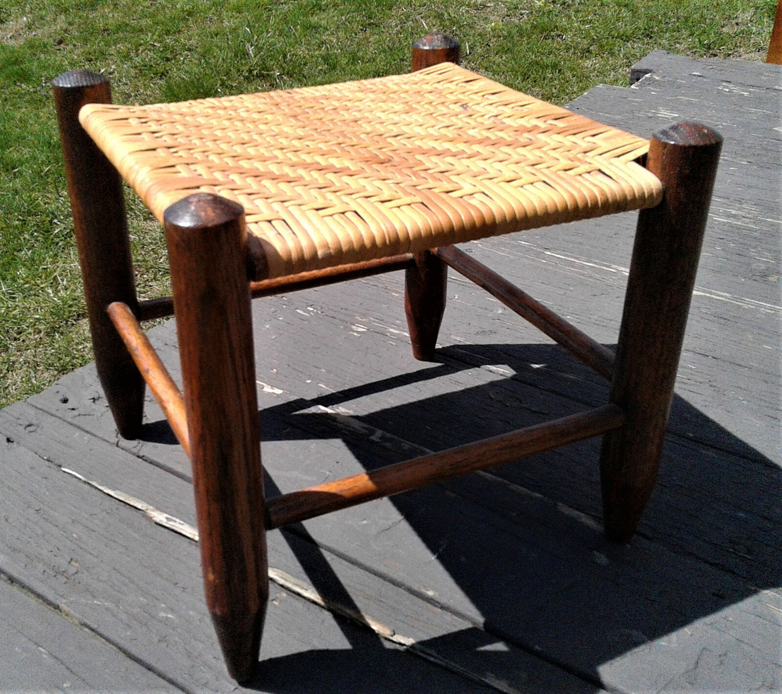 Antique Oak Foot Stool with Hand Woven Seat 1900s Era