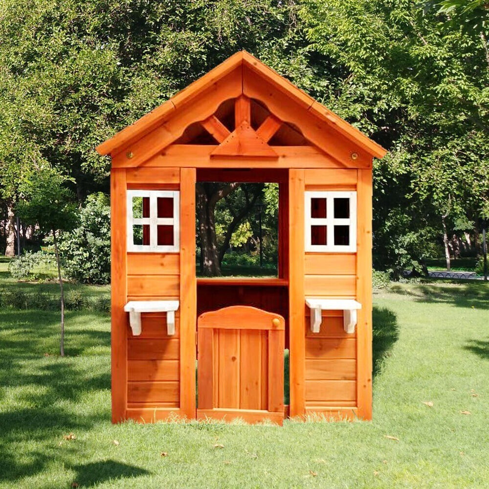 Wooden Playhouse for Kids Backyard Outdoor Cottage with Flowerpot Holder Window
