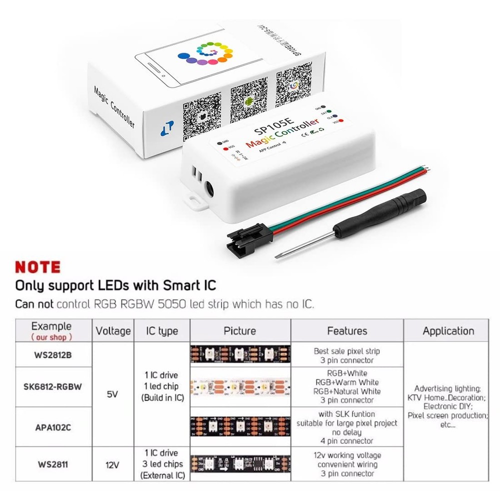 SP105E WS2811 Bluetooth Led Controller DC5-24V App Wireless Control, Addressa...