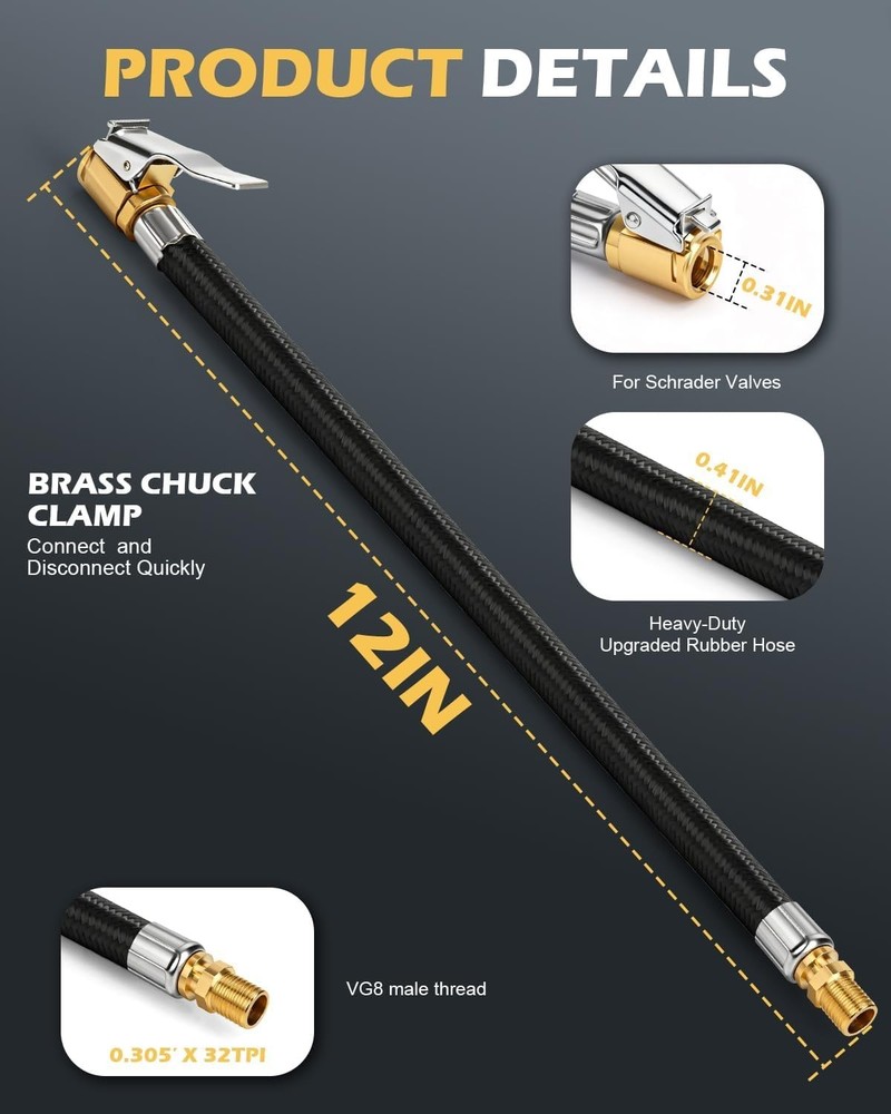 12" Quick Air Release Extention Replacement Hose for Tire Inflators